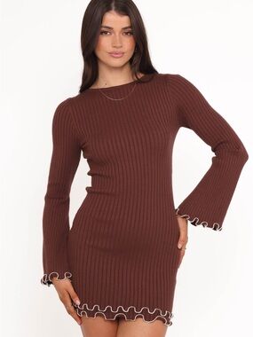 Petal and Pup Ribbed Long Sleeve Knit Dress in Mocha